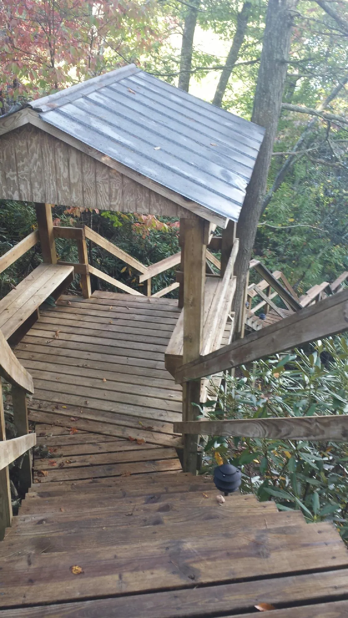 Metal roofed shelter over wooden steps on a wooded walkway — Skylight Repair & Installation work by our crew in Byrdstown
